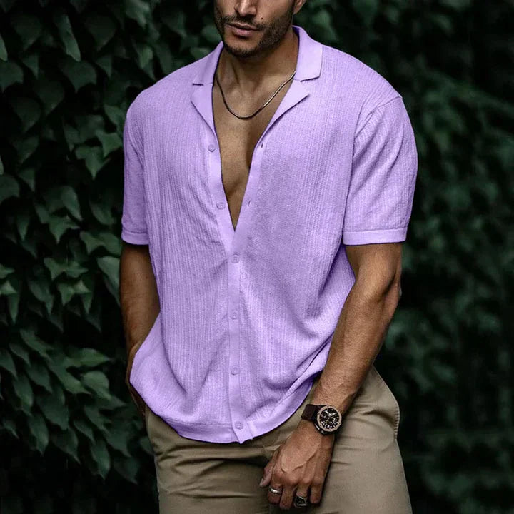 Men's relaxed-fit linen cotton short sleeve shirt, lightweight open-collar design for summer comfort