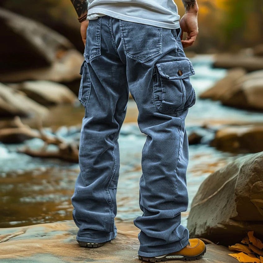Men's retro elastic cargo pants relaxed fit with multiple utility pockets for casual wear
