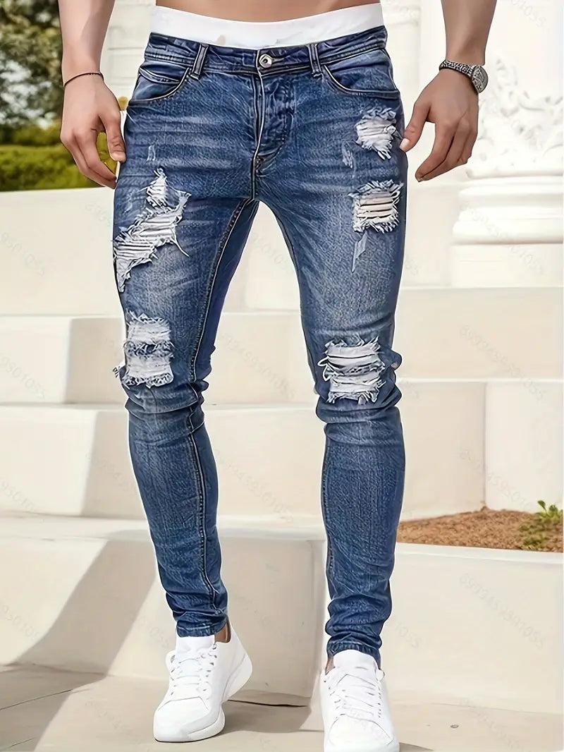 Men's skinny ripped jeans slim fit distressed denim with leg-rip detailing casual streetwear