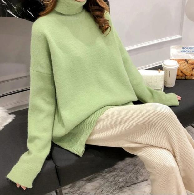 Autumn relaxed-fit turtleneck sweater in solid neutral tone with clean minimalist lines for everyday wear