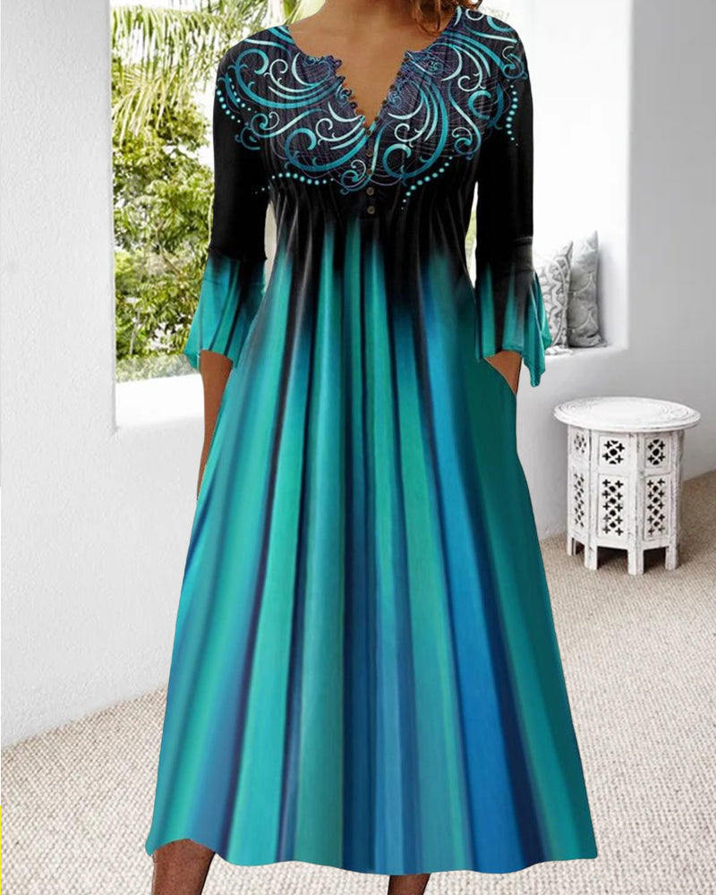 Elegant women's midi dress with gradient color transition, 3/4 sleeves, versatile formal casual style