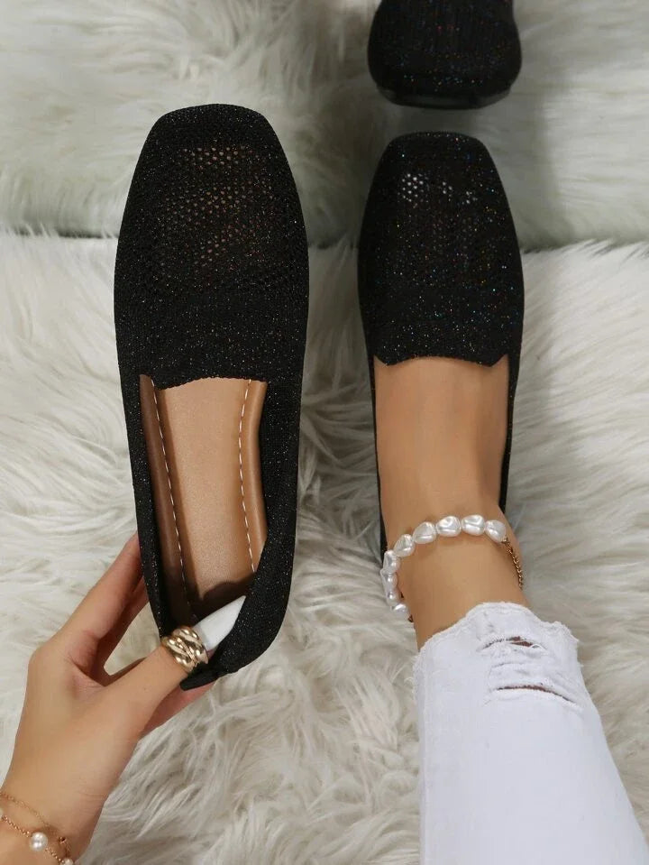Women's breathable knit slip-on flats with square toe, flexible comfort design for all-day wear