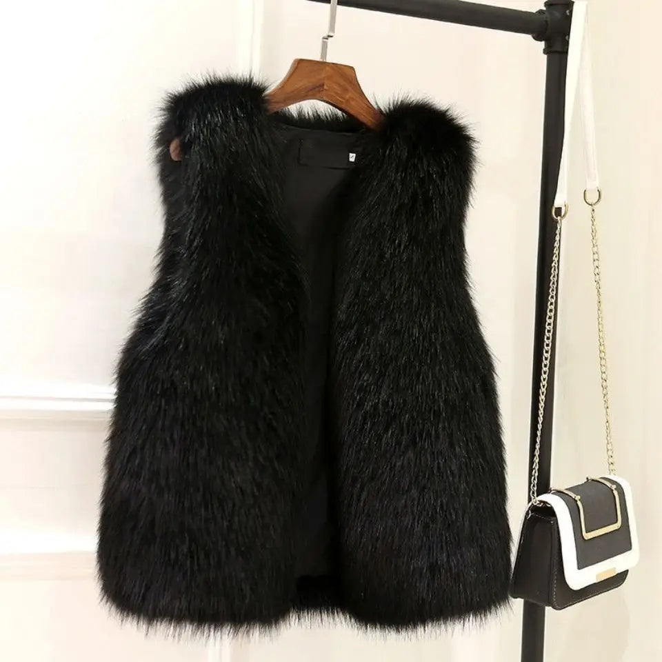 Women's faux fur vest in luxurious winter style with sleeveless cut and glamorous plush texture