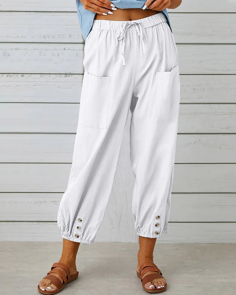 Men's casual breathable pants with elastic waistband, drawstring, and roomy patch pockets for daily wear