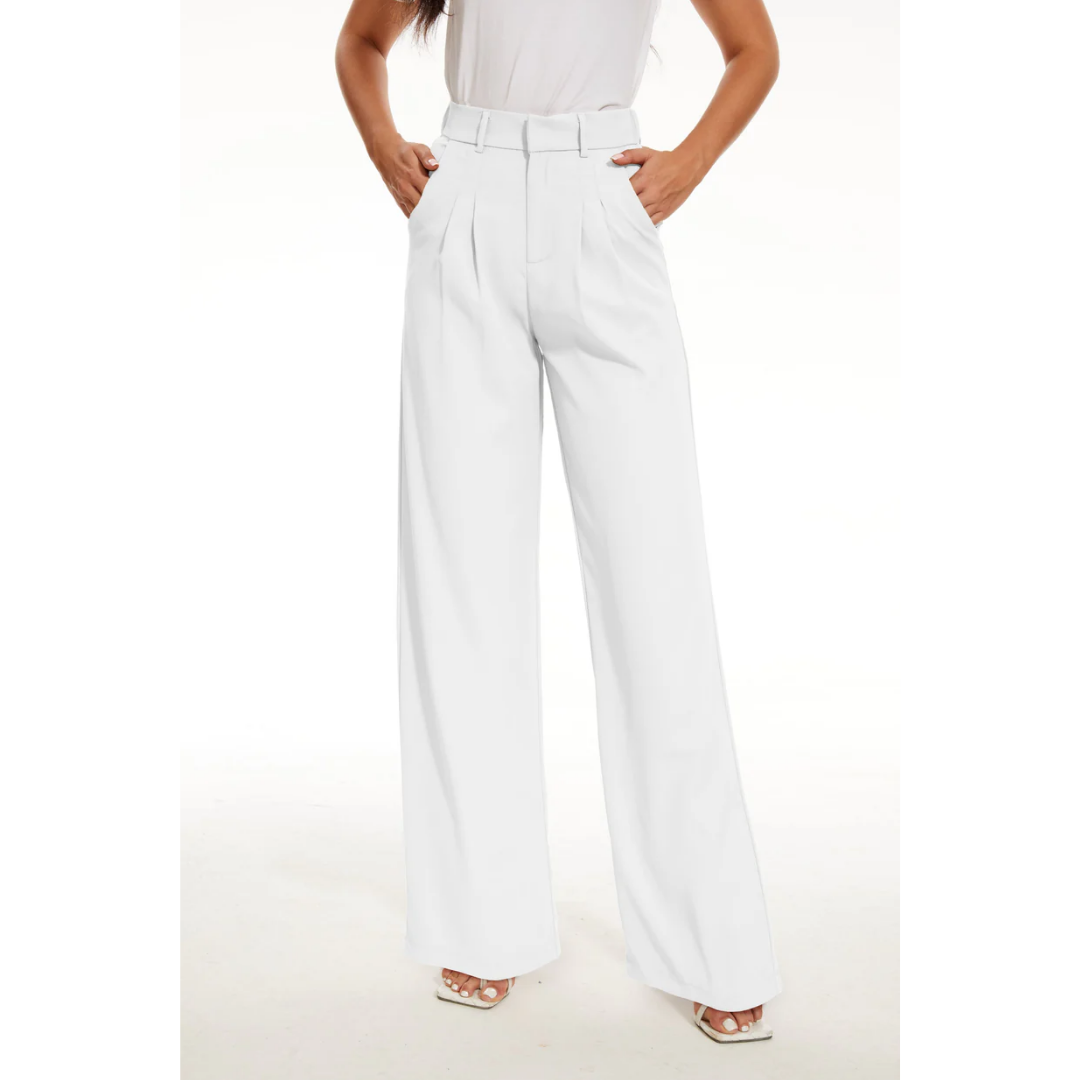 Women's high-waist wide-leg dress pants with structured waistband for elongated office-ready silhouette
