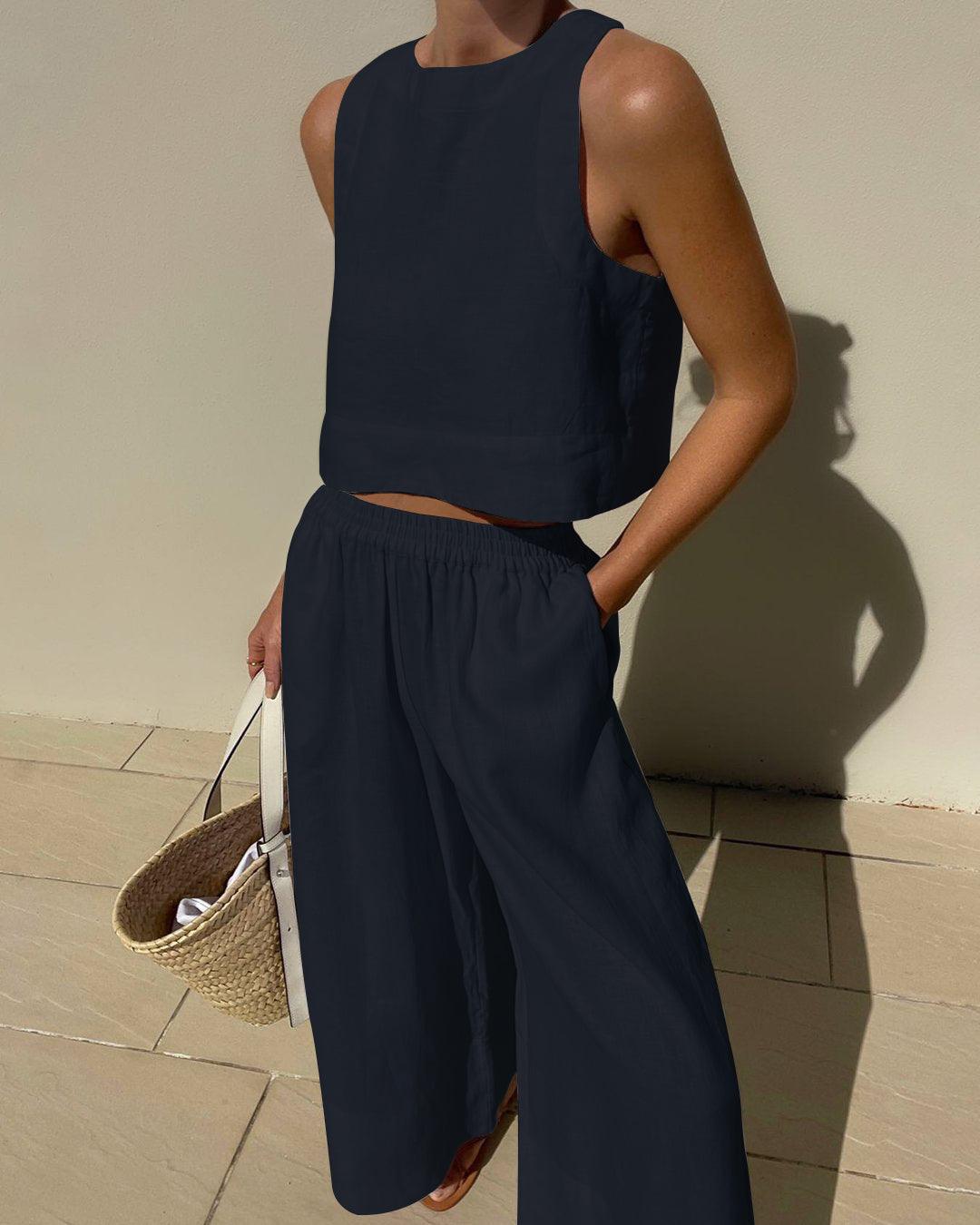 Women breathable cotton sleeveless two-piece set solid color chic casual spring summer outfit