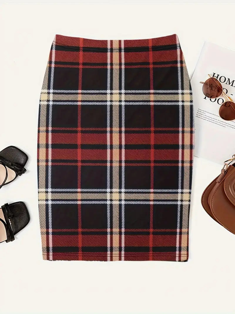 Women's slim-fit plaid skirt in spring tones, sleek silhouette with timeless plaid pattern for day-to-night styling
