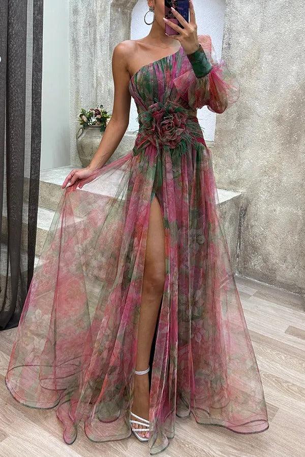 Elegant one-shoulder tulle floral pleated maxi dress with thigh-high slit, ankle-length party wear