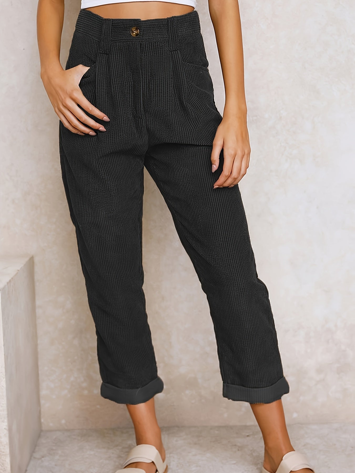 Women's beige corduroy straight-leg trousers with elegant tailored fit for office and casual wear