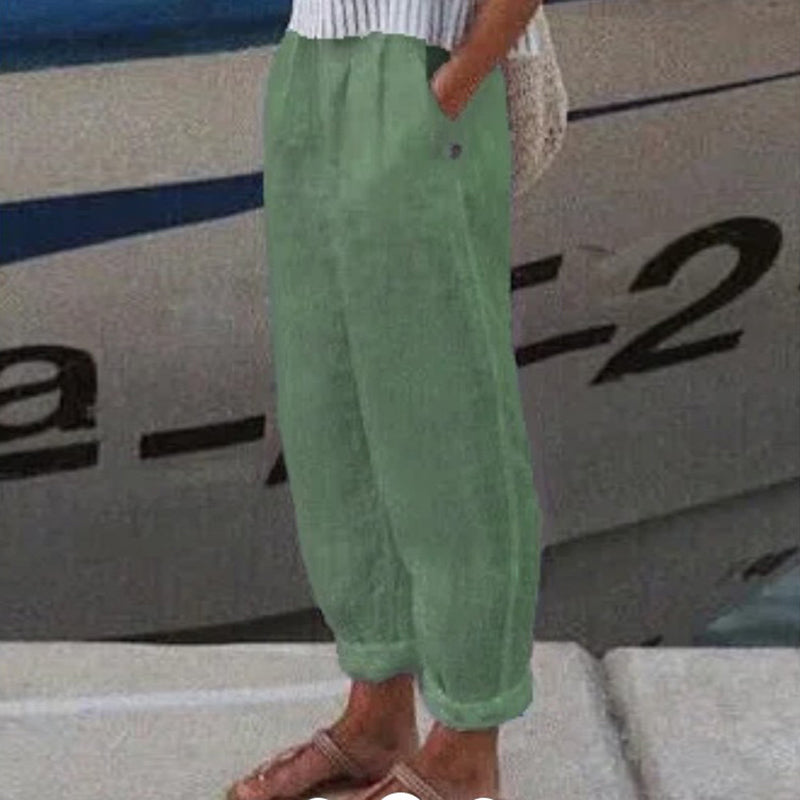Unisex cotton linen casual pants solid color loose fit breathable with pockets all-season comfort