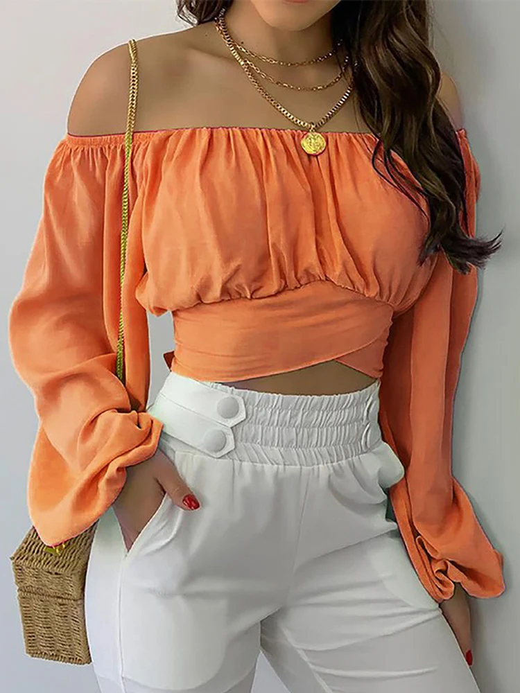 Women's boho crop top off-shoulder elastic neckline long sleeves pleated chest casual style