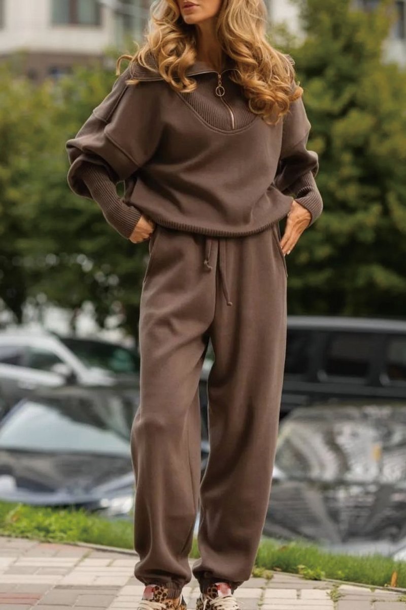 Unisex two-piece jogger set beige half-zip pullover with matching lounge pants loose fit