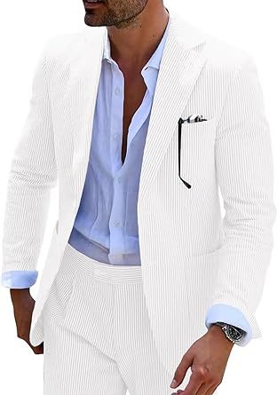 Men's light blue seersucker two-piece suit slim fit jacket and trousers wrinkle-resistant breathable
