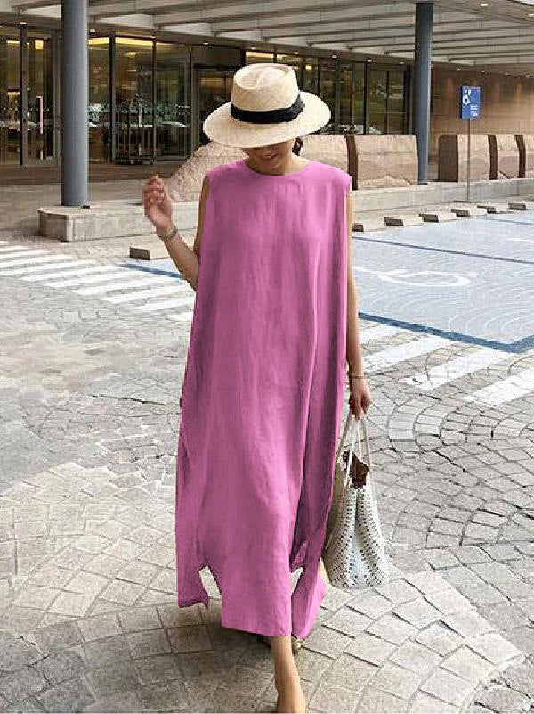 White floral linen maxi dress bohemian style with side slit, breathable one-size everyday comfort