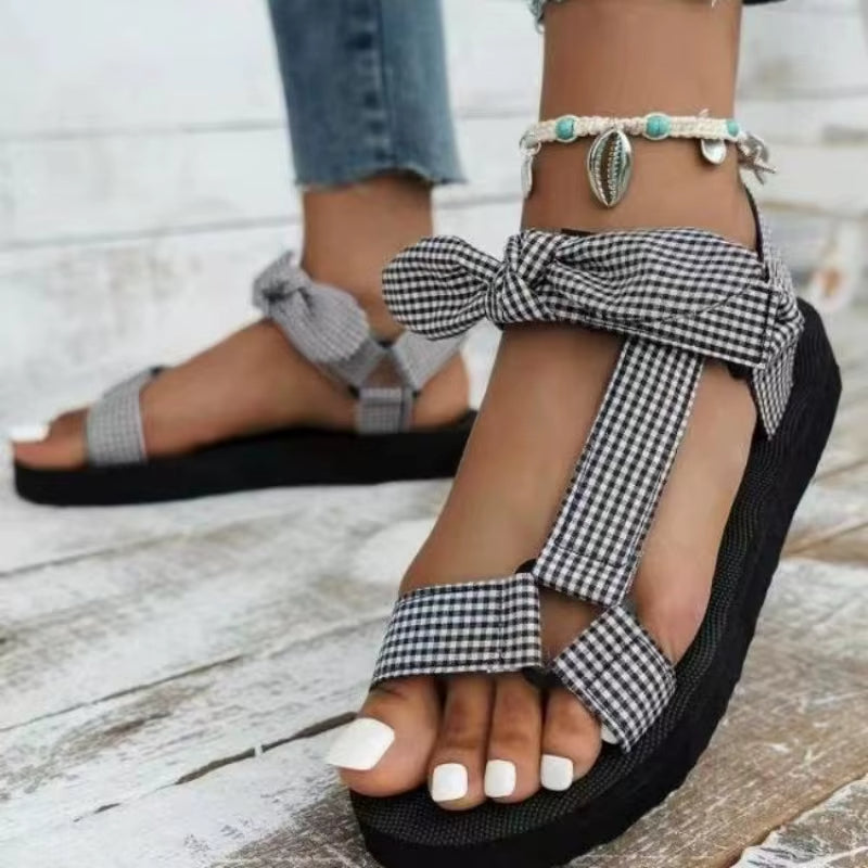 Women's boho wrap sandals with cushioned sole, adjustable hand-knotted colorful fabric straps