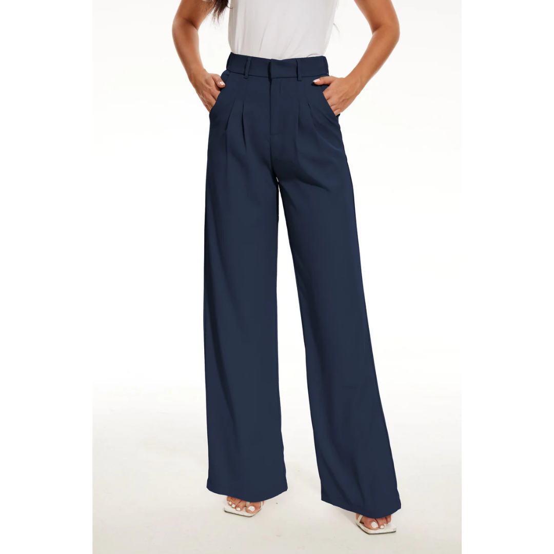 Women's high-waist wide-leg tailored pants with structured waistband for elongated office-ready silhouette