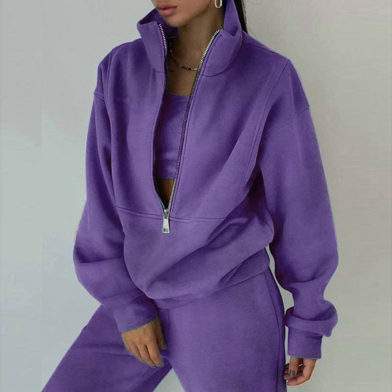 Women's slim fit zip neck sweatshirt and pants 2-piece set in sporty elegant style with stretch fabric