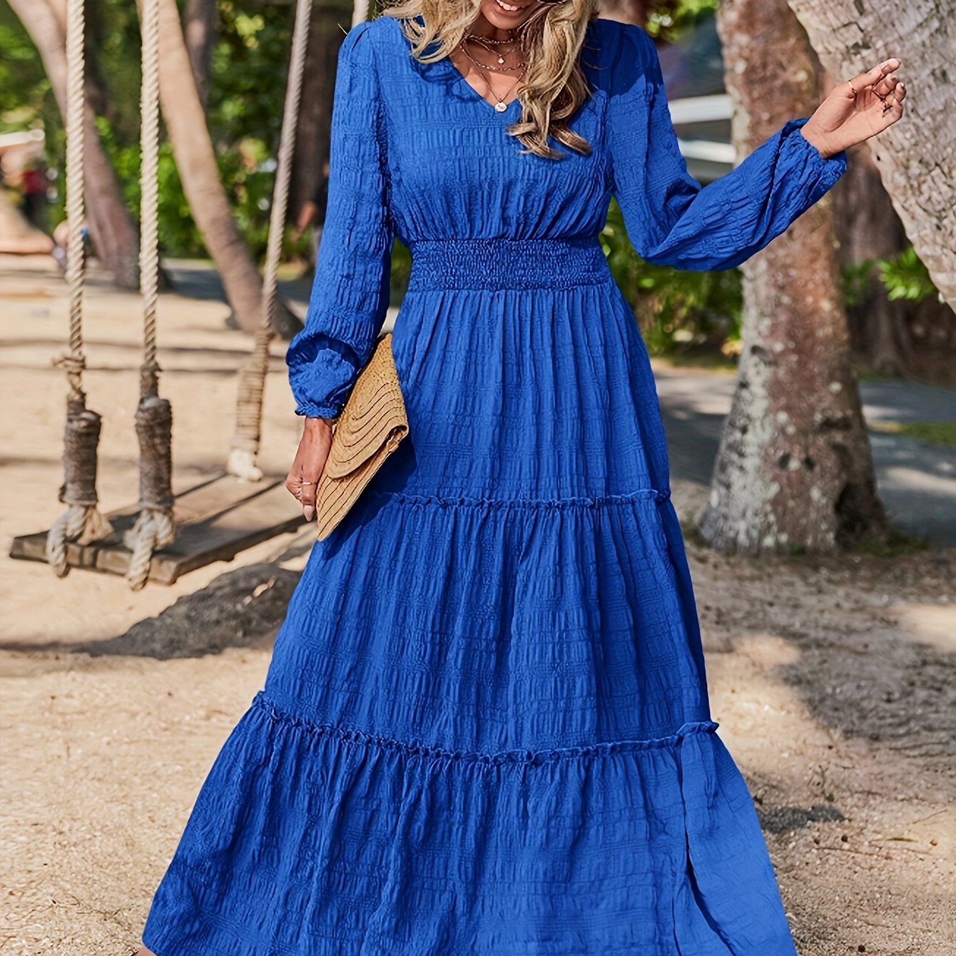 Women's loose maxi dress, long sleeve tiered hem, gathered waist, airy casual everyday style