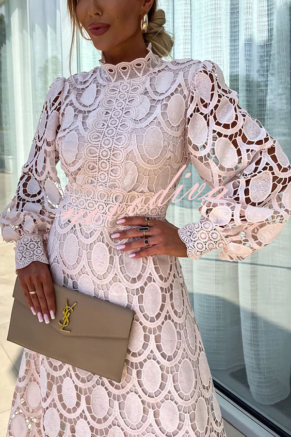 Elegant ivory lace midi A-line dress with long sleeves, flattering silhouette for modern women