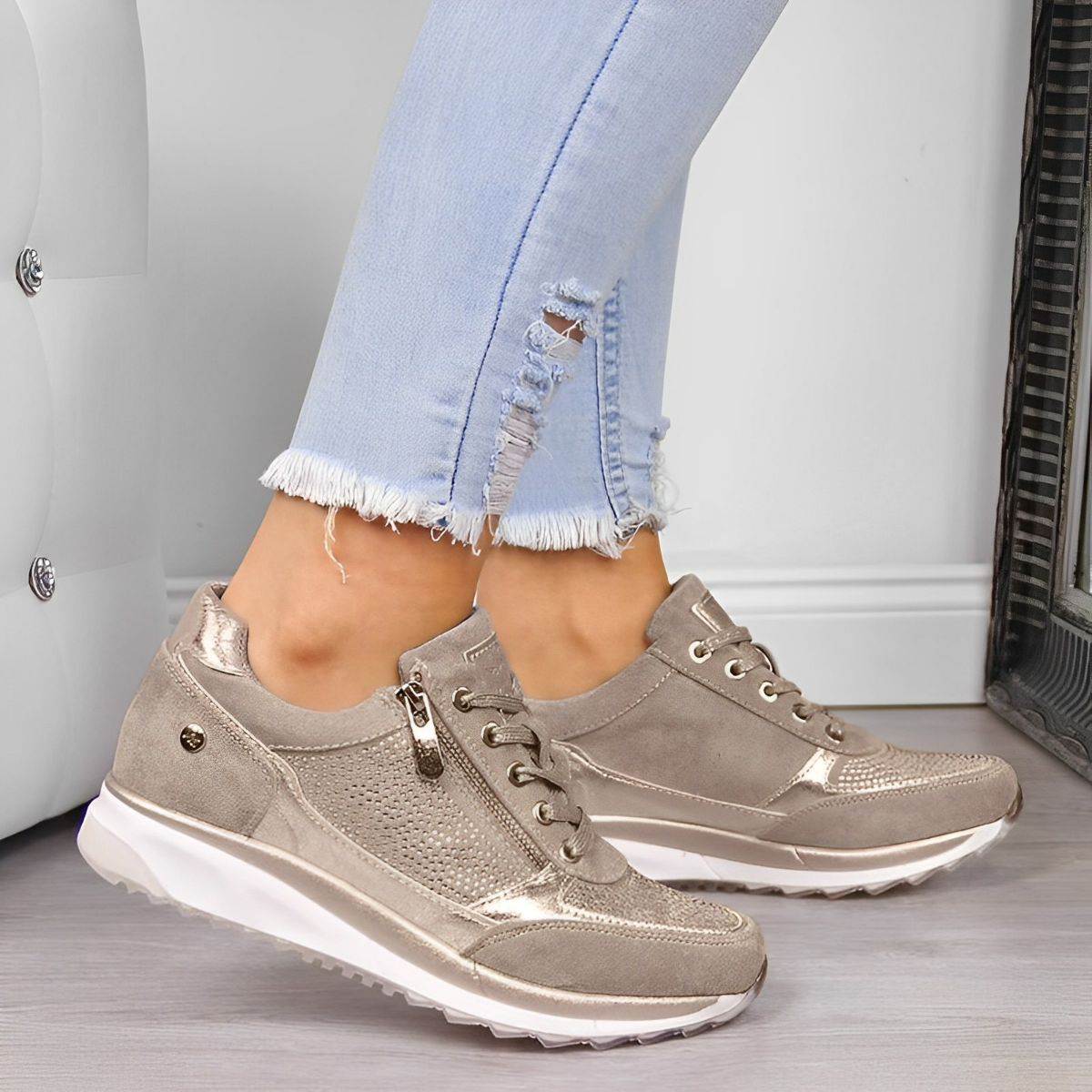 White zip-up orthopedic sneakers with breathable construction and easy no-lace closure for active wear
