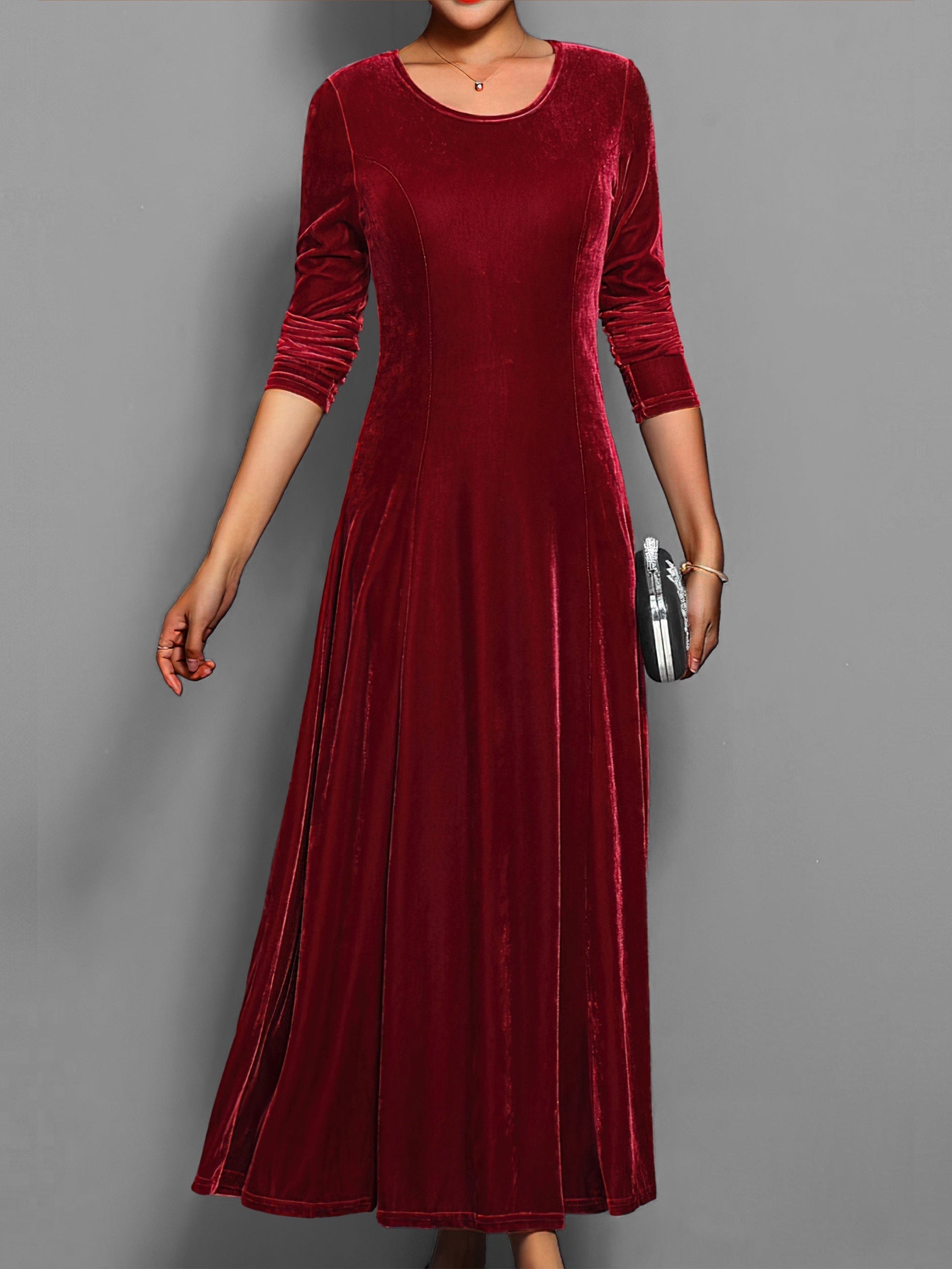Women's burgundy velvet formal gown long sleeve elegant party dress with subtle sheen
