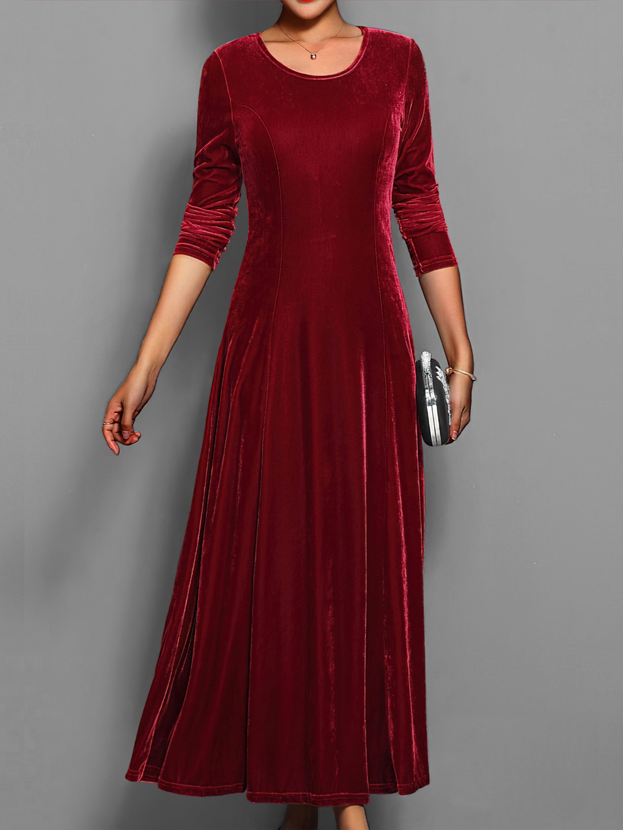 Women's burgundy velvet formal gown long sleeve elegant party dress with subtle sheen