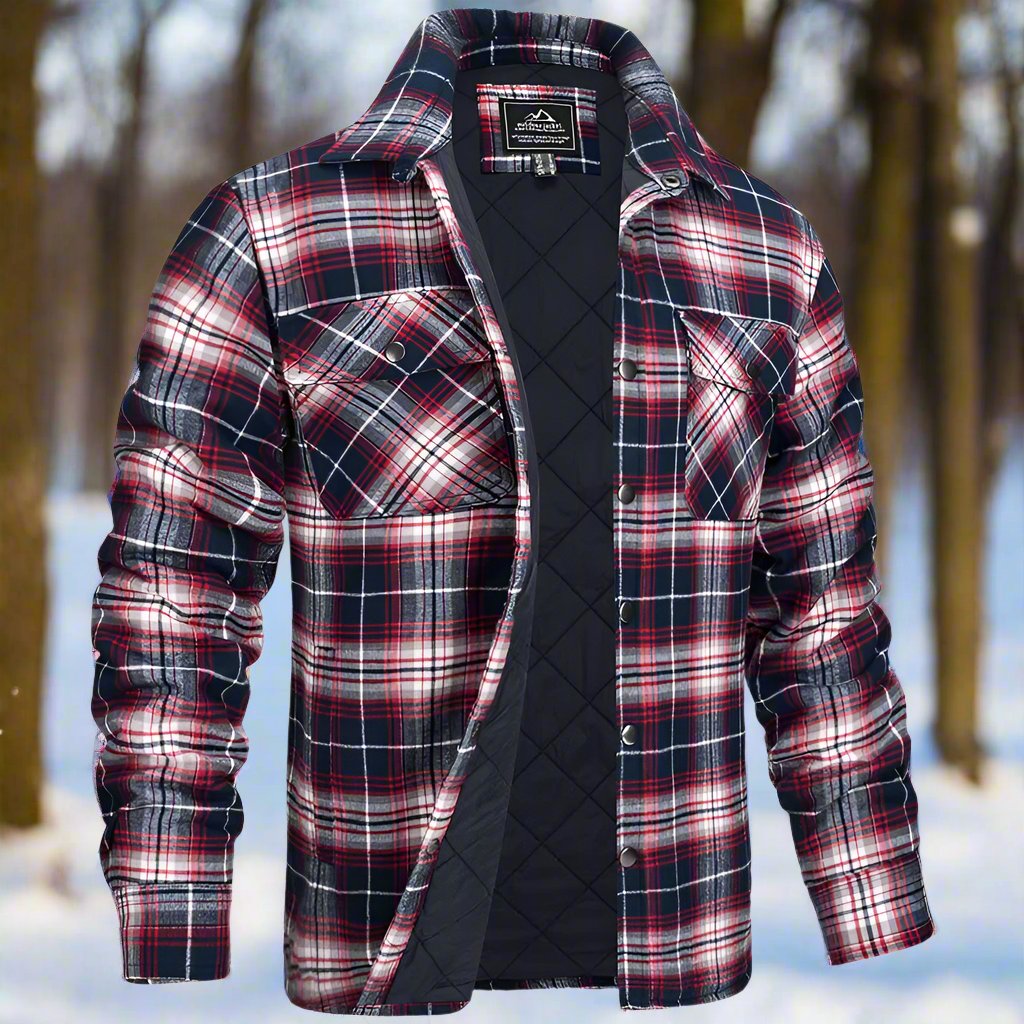 Men's quilted check shirt jacket relaxed fit with snap closure chest pockets