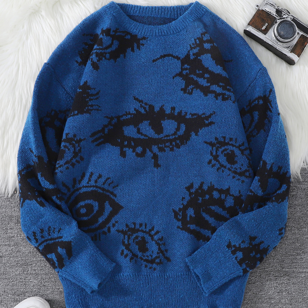 Beige lightweight round-neck jacquard knit sweater with abstract eye pattern for casual everyday wear