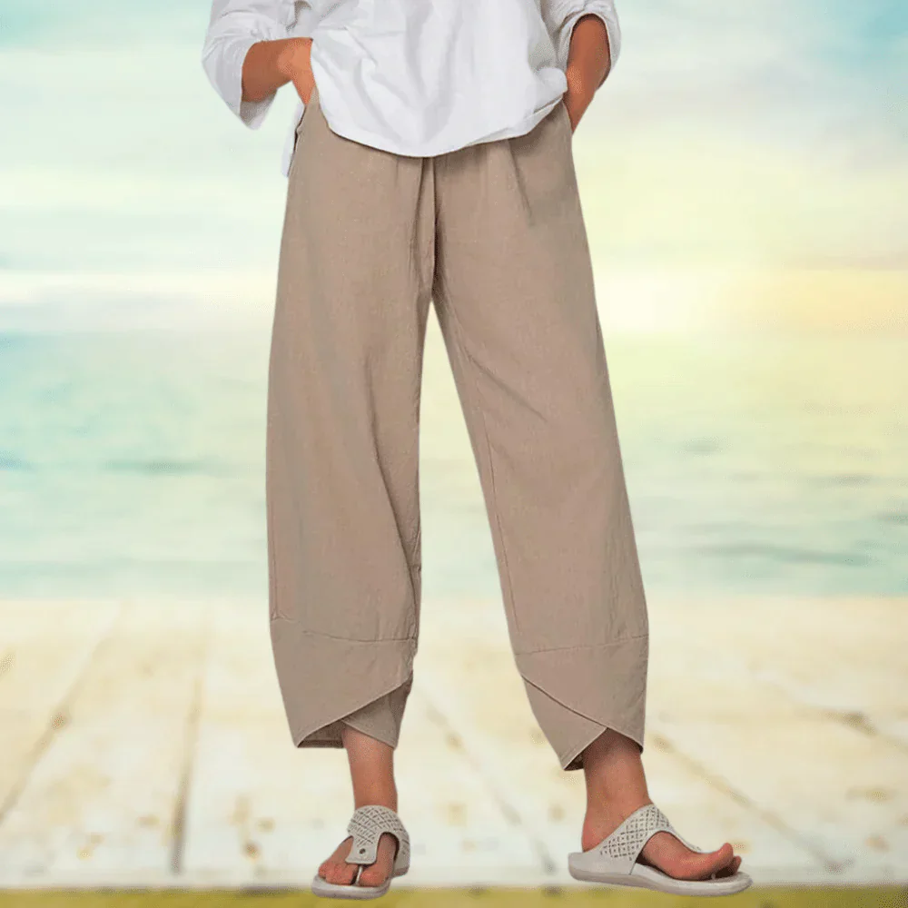 Women's beige linen wide-leg pants relaxed fit with asymmetrical hem and elastic waistband