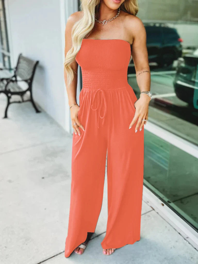 Women's light breathable wide-leg jumpsuit with smocked bodice and adjustable waist for everyday wear