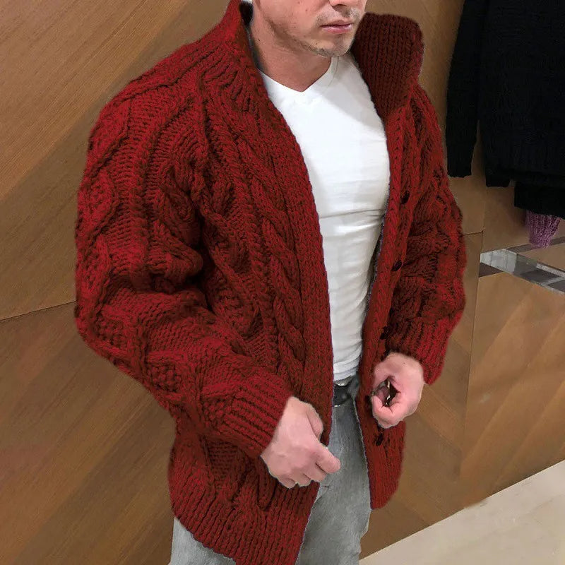 Men's thick cable knit cardigan button closure cozy winter essential warm relaxed fit