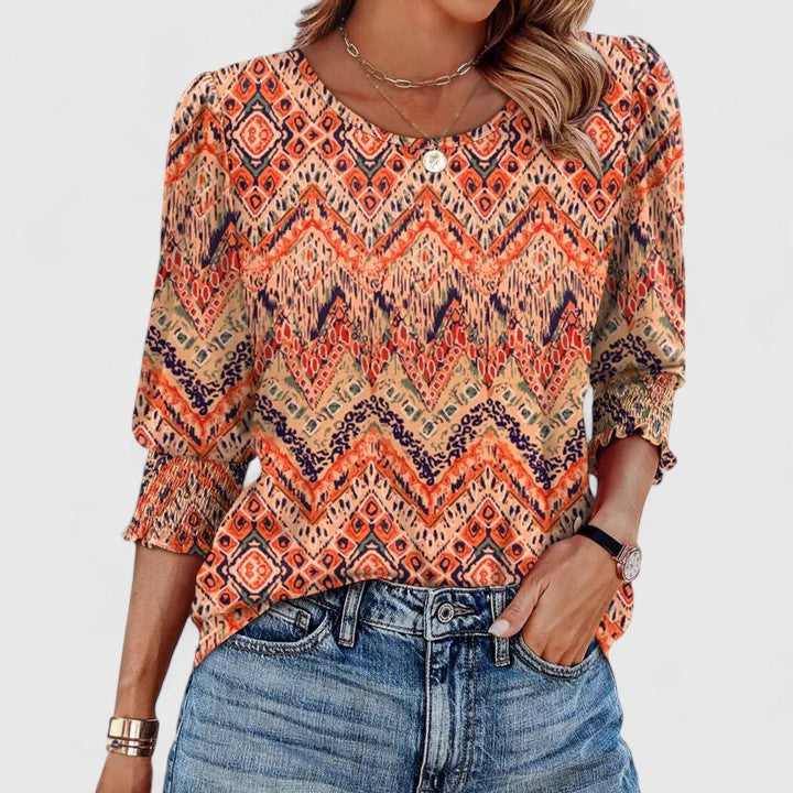 Harper | Women's Smocked Cuff 3/4 Sleeve Crew Neck Top