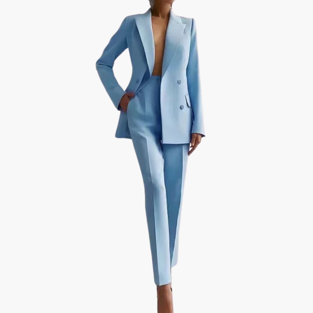 Women's navy office suit set with notched lapel blazer and straight-leg trousers, finely woven fabric