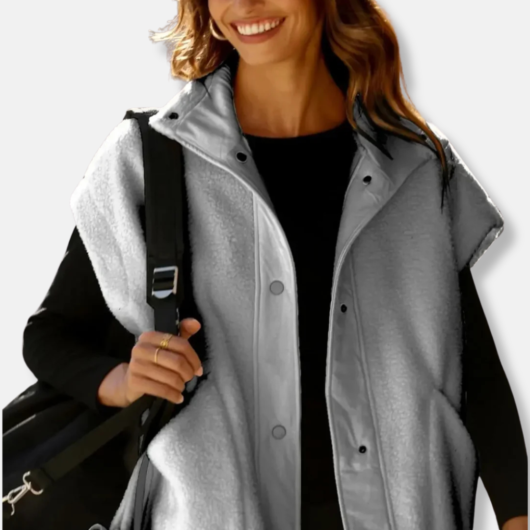 Women's plush fleece vest oversized relaxed fit with stand-up collar and snap button closure