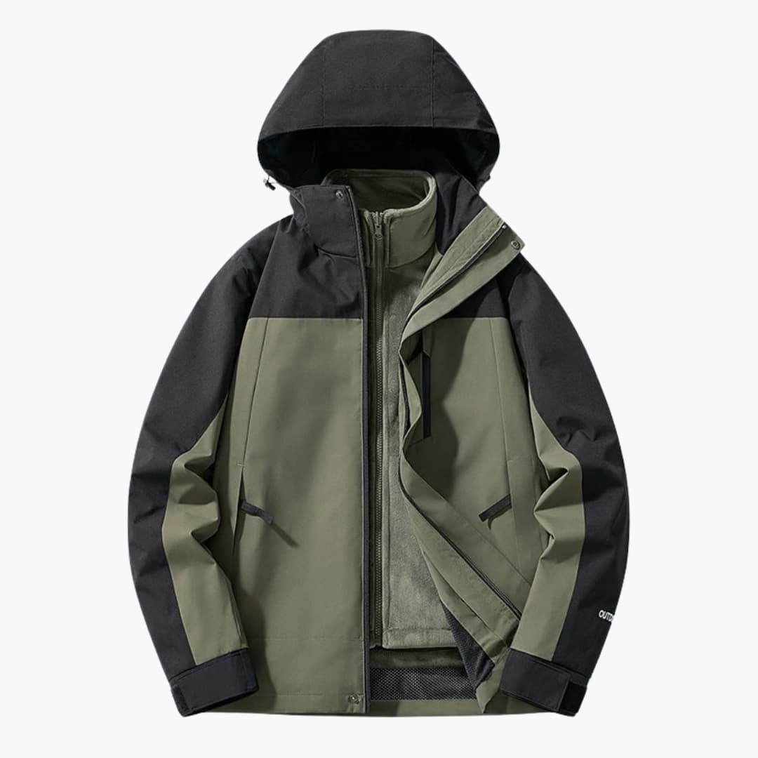 Unisex two-tone ski jacket with hood, full-length zipper pockets, all-weather outdoor performance