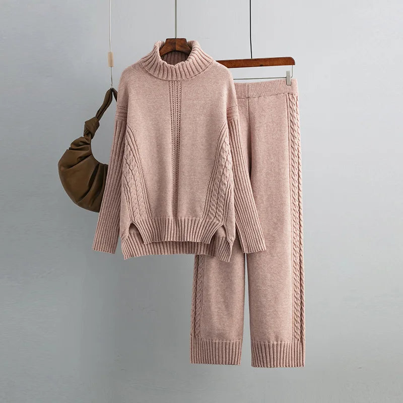 Vibrant cable knit co-ord set turtleneck sweater relaxed pants women two-piece coordinated outfit