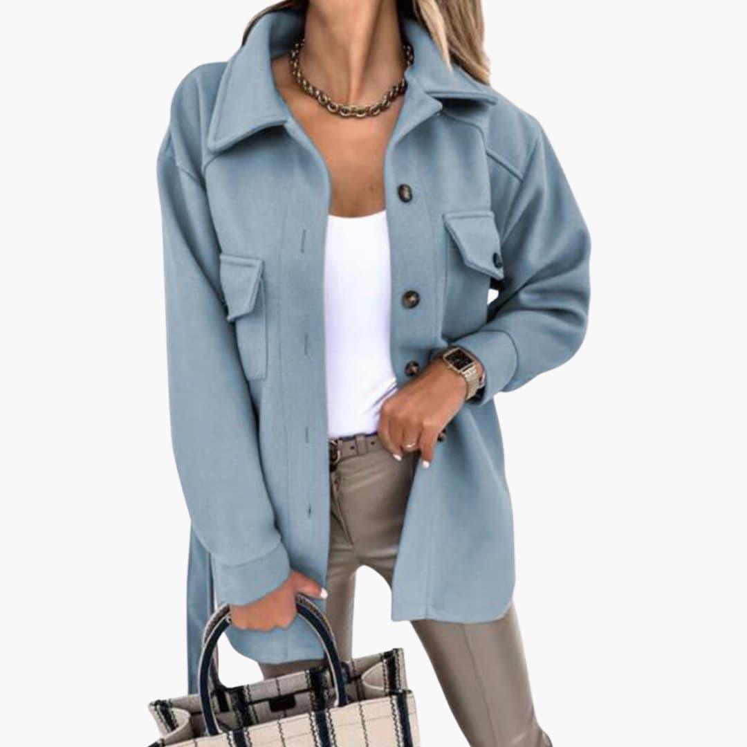 Women's long tailored coat button-front jacket with chest pockets structured collar silhouette