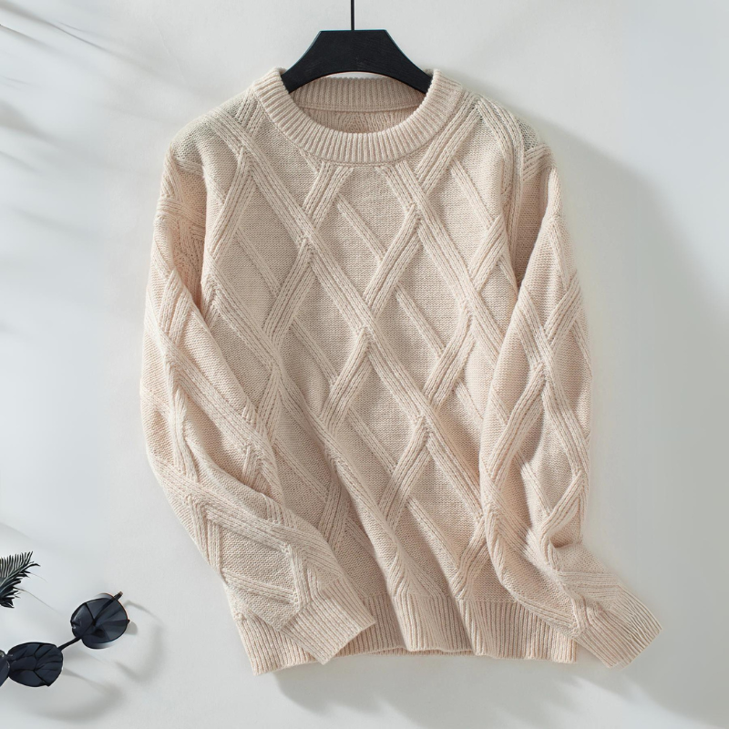 Women's warm diamond knit sweater with ribbed trims, cozy everyday layer in soft textured pattern