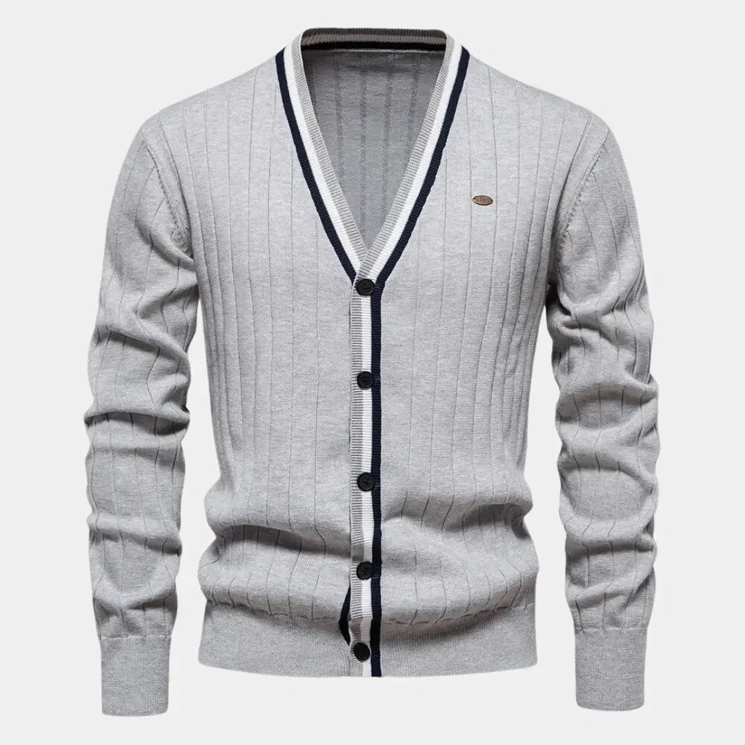 Ribbed button-up knit cardigan with contrasting trim, tailored silhouette for polished everyday office style