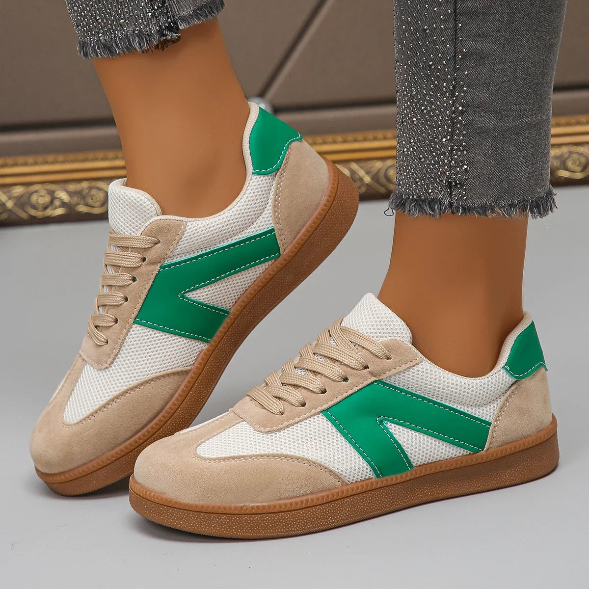 Retro low top sneaker faux suede breathable mesh cushioned footbed non-slip gum sole casual wear