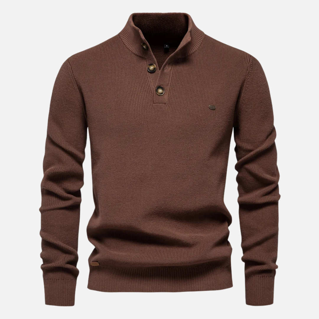Men's wool blend turtleneck sweater slim fit with button details in warm ribbed knit casual style