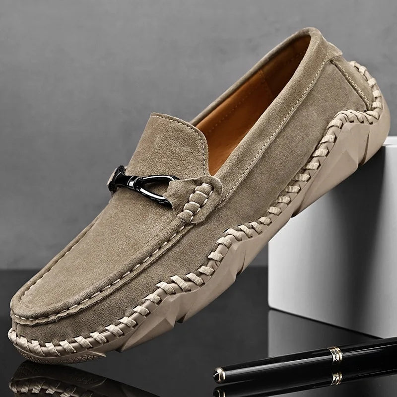 Braye premium suede loafers in neutral tone, roomy moc toe silhouette with hand-stitched sole