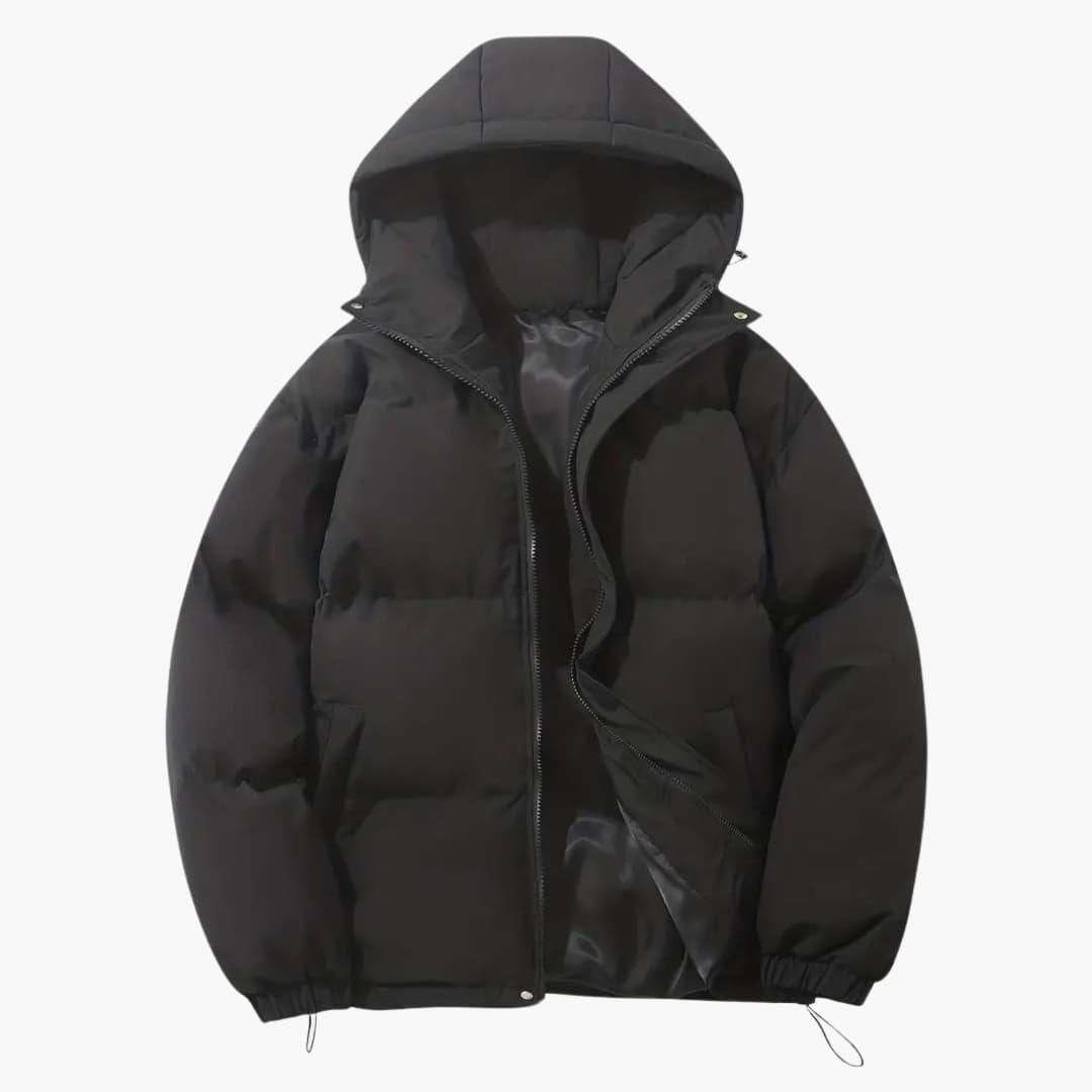 Women's quilted hooded jacket with full-zip closure, side pockets, and adjustable hem drawstring