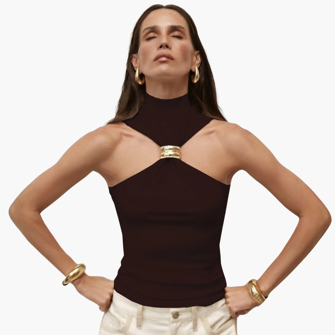 Women's black high neck halter top with gold accent centerpiece, sleek evening statement style