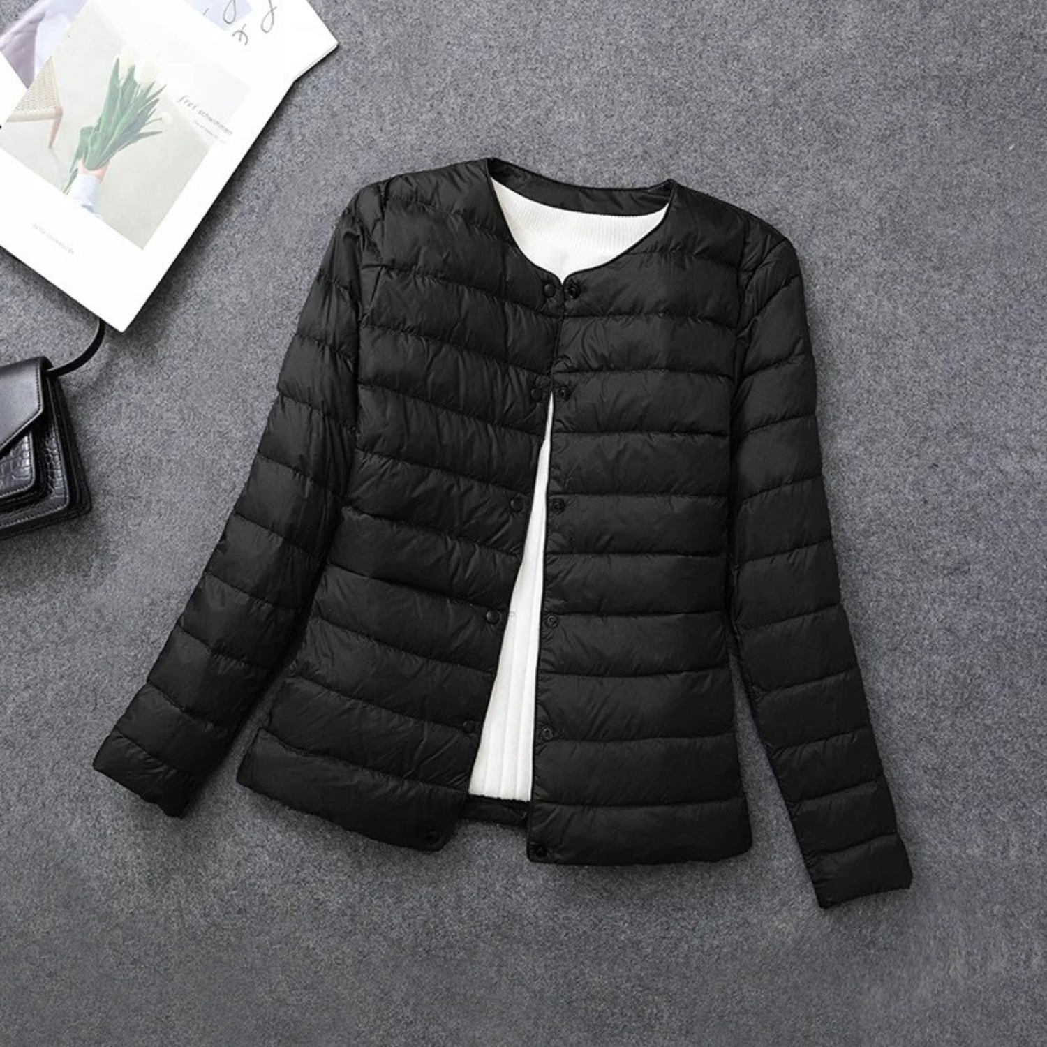 Women's quilted puffer jacket neutral tone button closure round neckline lightweight transitional layer