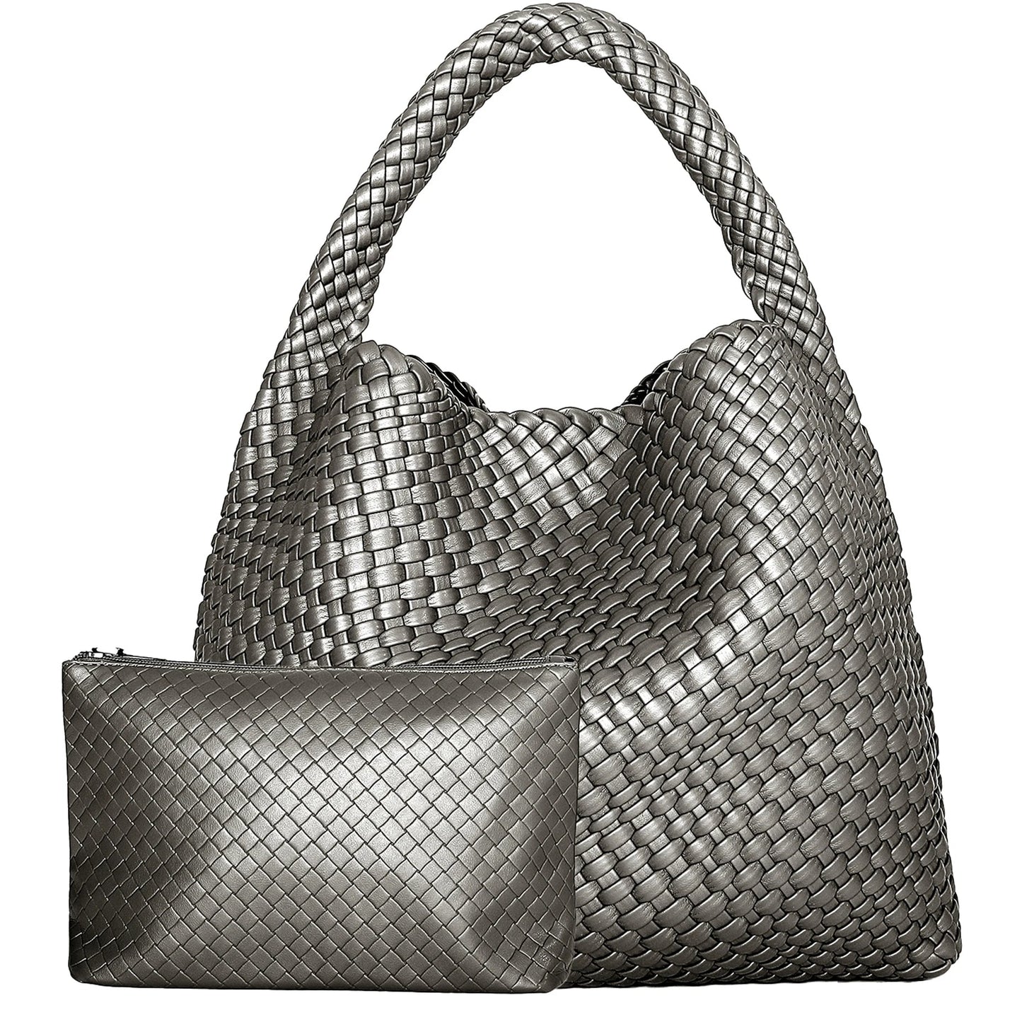 Renza vegan leather woven tote bag in basketweave texture with magnetic closure shoulder strap