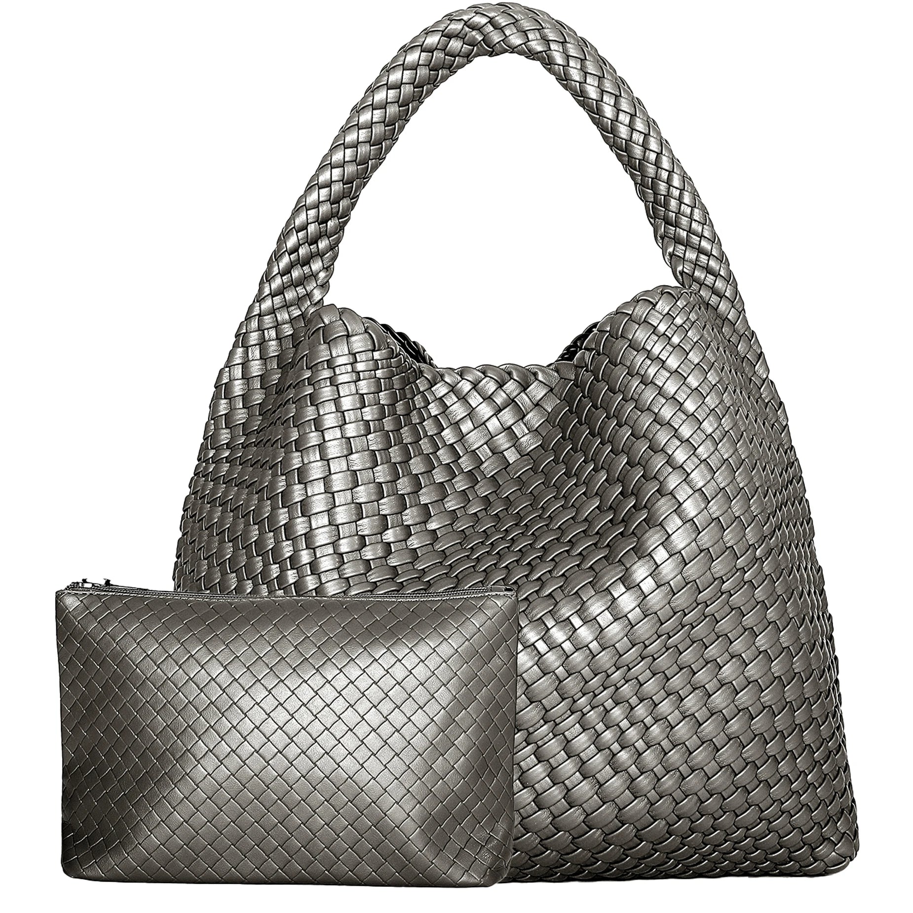 Renza vegan leather woven tote bag in basketweave texture with magnetic closure shoulder strap