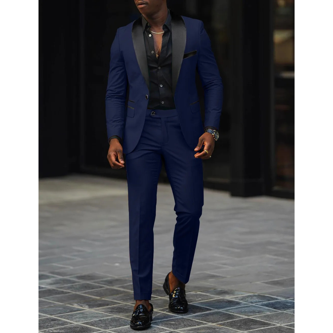 Men's slim fit black tuxedo suit with satin lapels, structured blazer and matching trousers for weddings