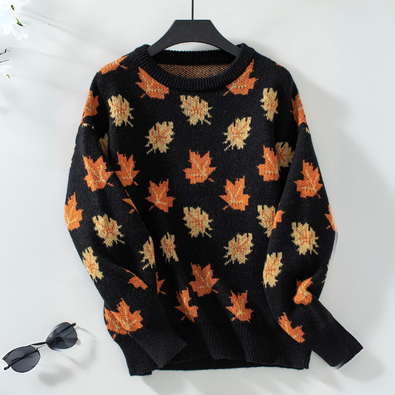 Women's beige lightweight knit sweater with tonal maple leaf jacquard and round neckline