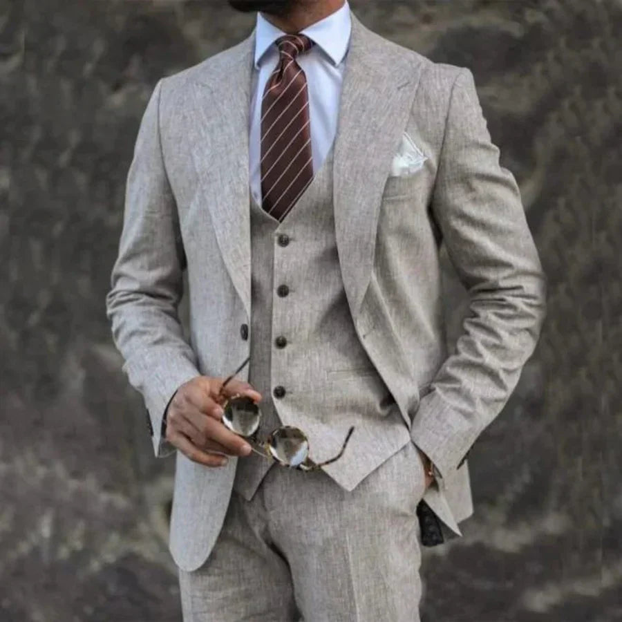 Carson men's light gray three-piece tailored suit in breathable cotton linen blend for weddings
